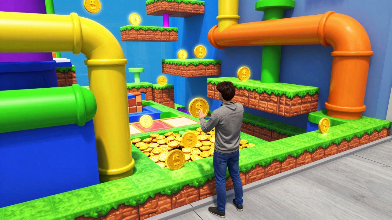 A person exploring a colorful, immersive video game themed land