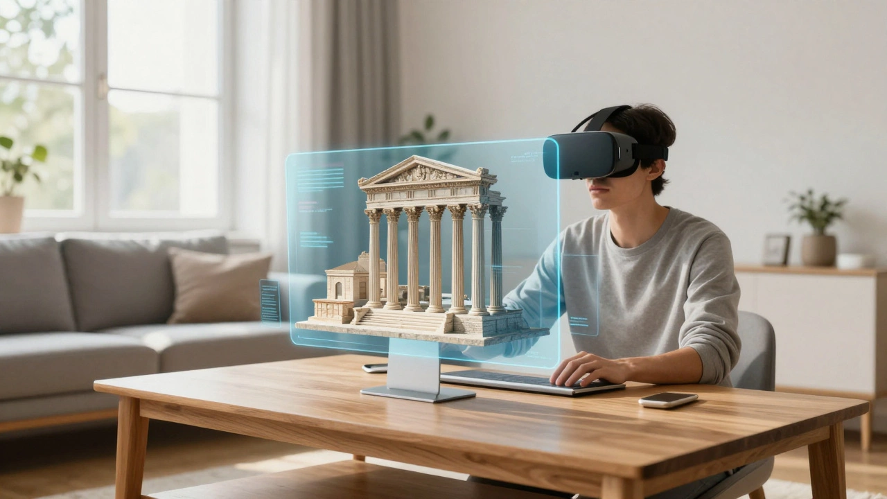 A person using mixed reality to view floating monitors and a holographic Roman forum in a bright room.