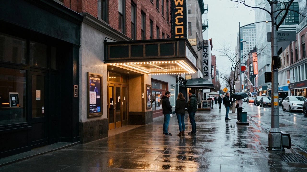 A quiet, rainy street in the Off-Broadway theater district.