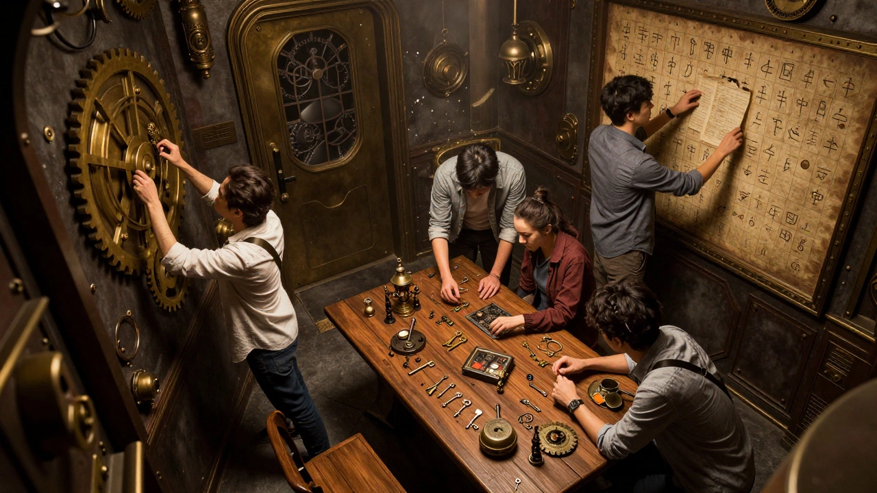 A team working together to solve steampunk puzzles in an escape room.