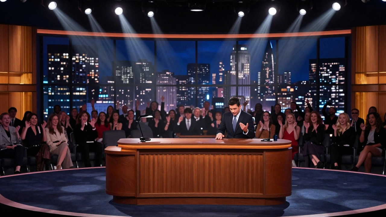 A wide view of a professional late-night talk show studio set with a city skyline background.