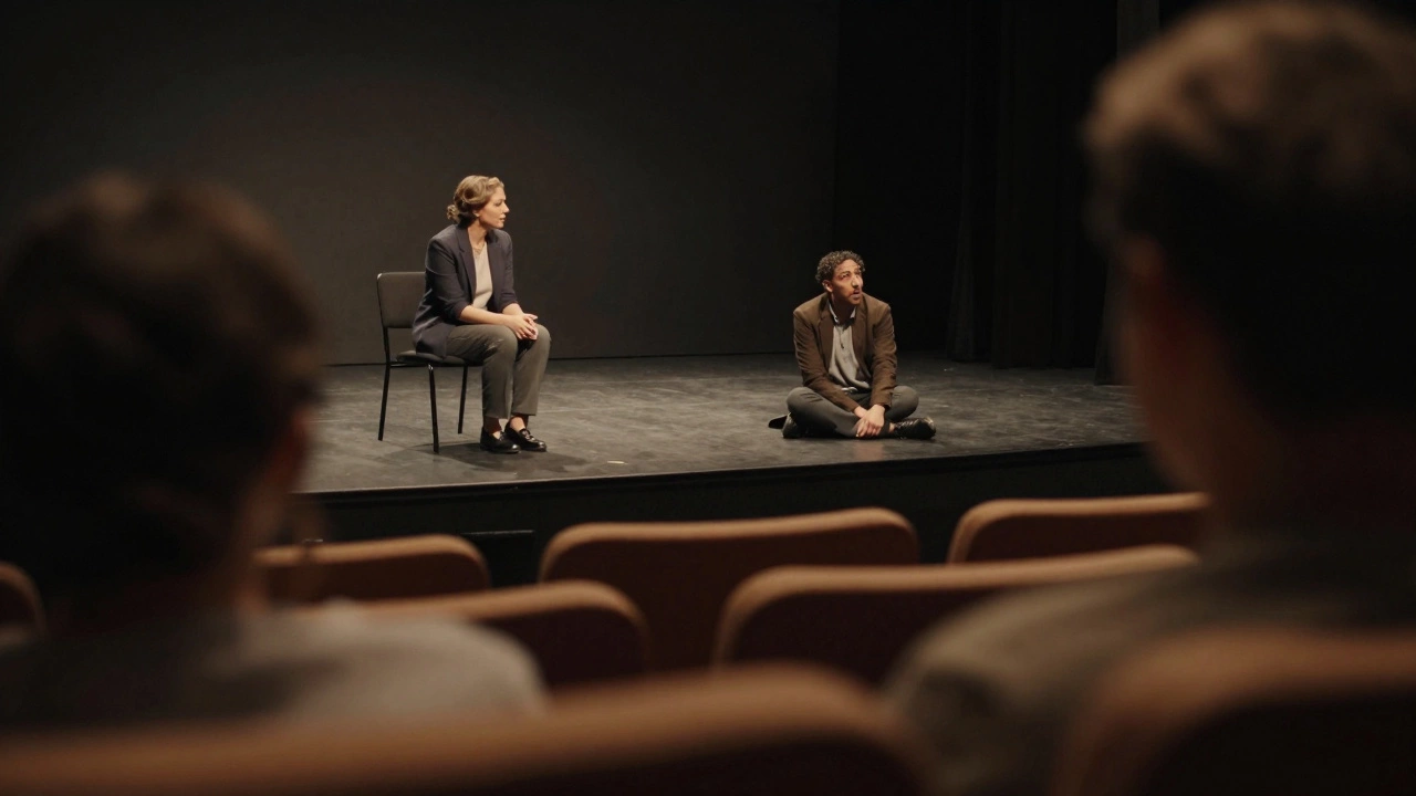 An intimate view from the balcony of a small Off-Broadway theater during a play