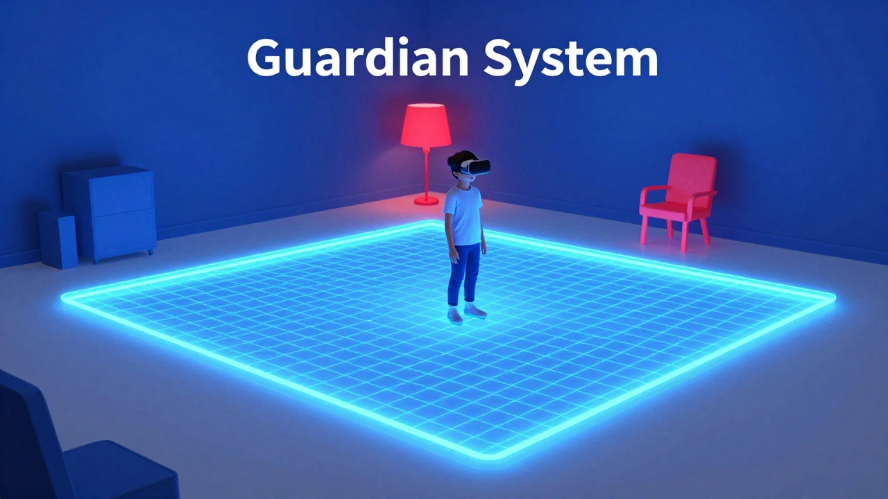 Child in a VR headset inside a glowing blue digital safety boundary grid