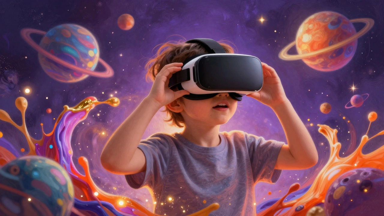Child in VR surrounded by colorful 3D art and planets
