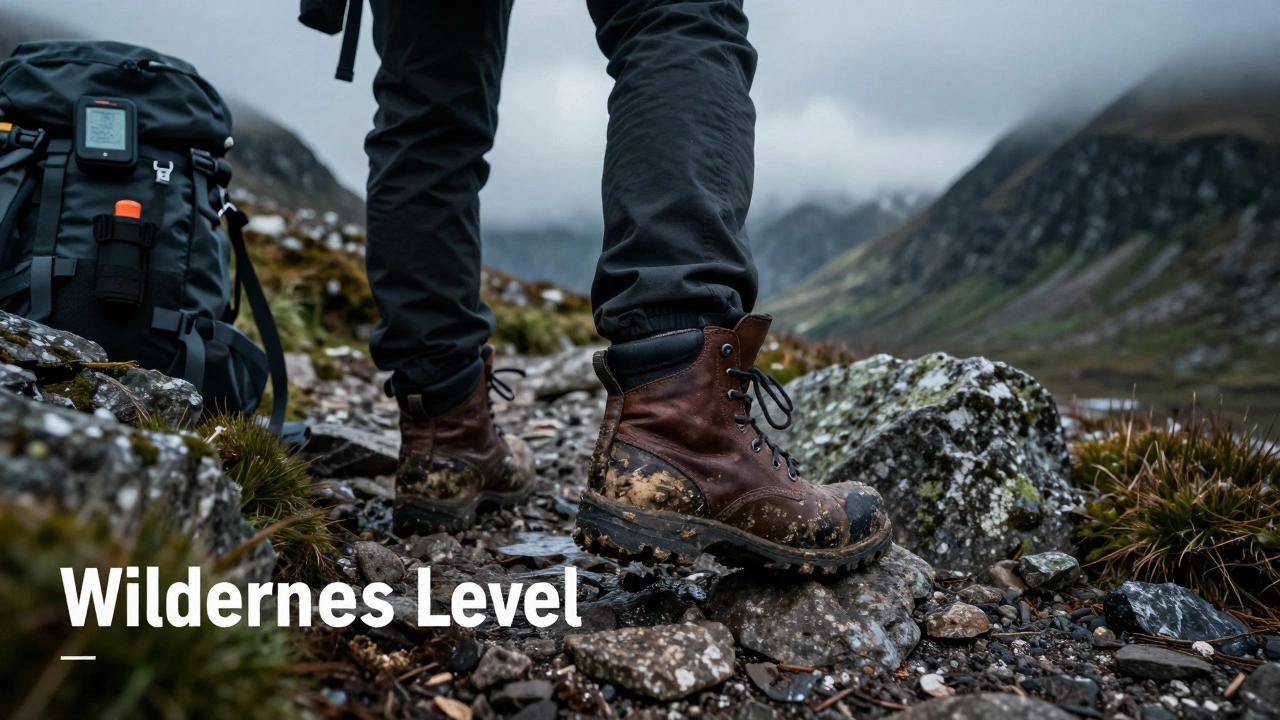 Close-up of sturdy hiking boots and professional gear on a rugged mountain trail.