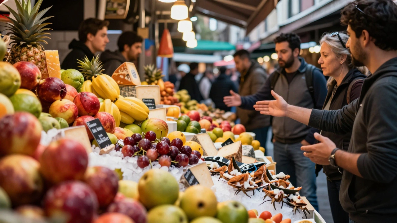 Colorful displays of fresh fruit and cheese in a busy public market