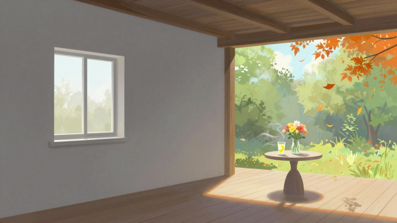 Comparison between a dull indoor room and a bright, breezy covered patio with autumn leaves.