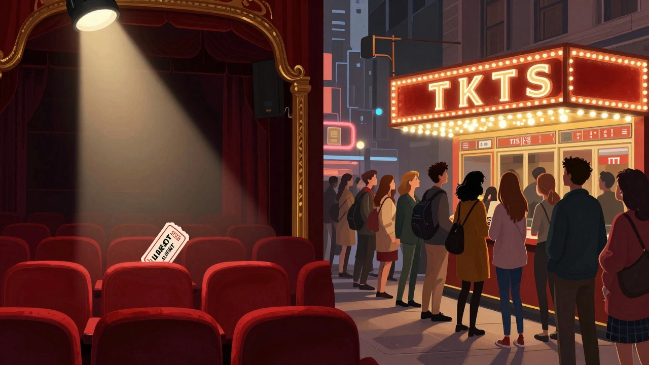 Conceptual art of an empty theater seat and a crowded TKTS ticket booth.