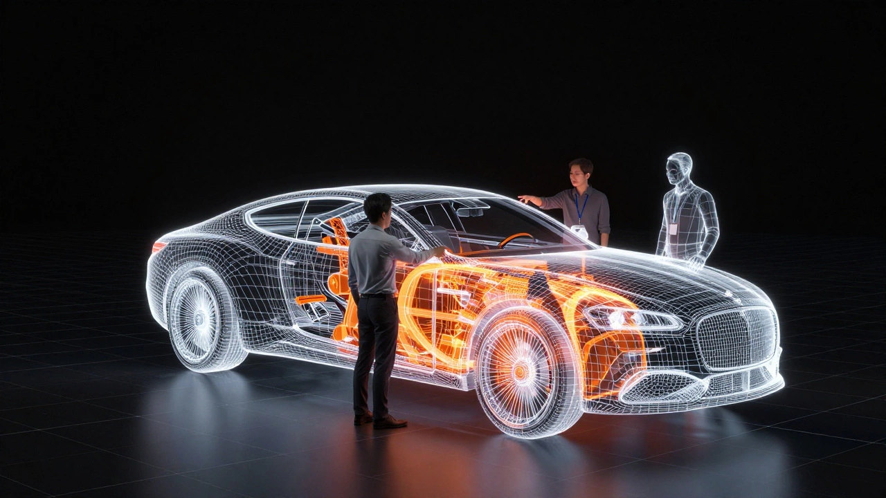 Engineers collaborating on a life-sized virtual wireframe car model in a digital space
