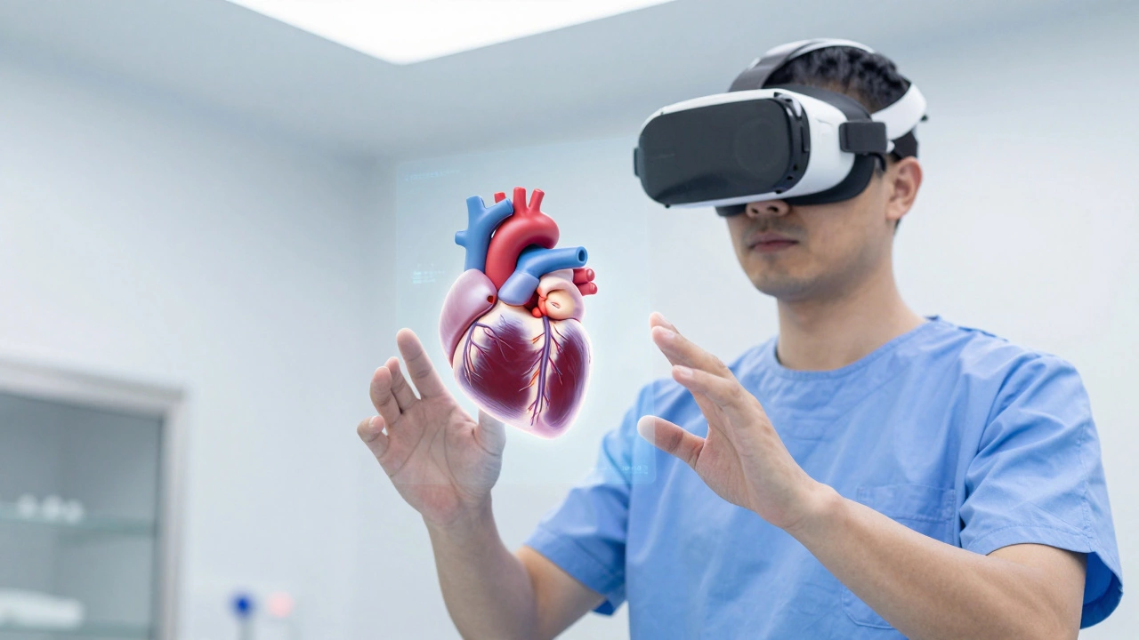 Surgeon using a VR headset to practice on a glowing 3D holographic human heart