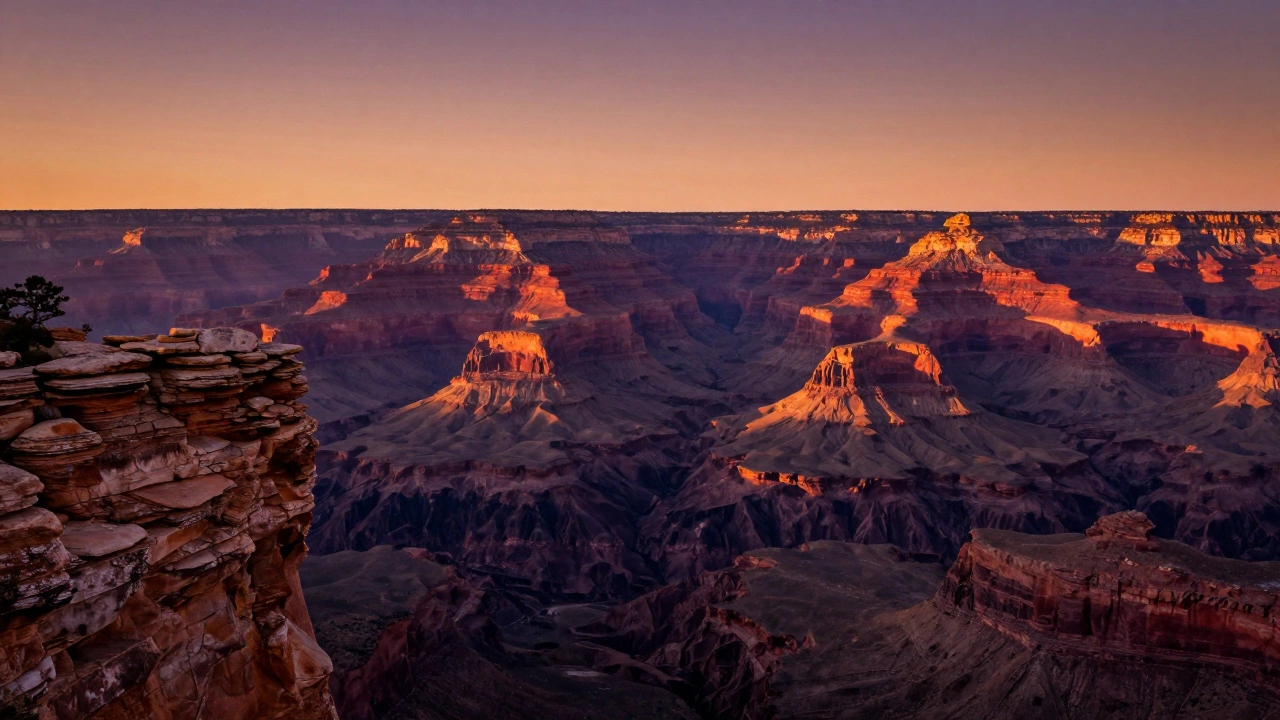 Vast red rock formations of the Grand Canyon during a colorful sunset