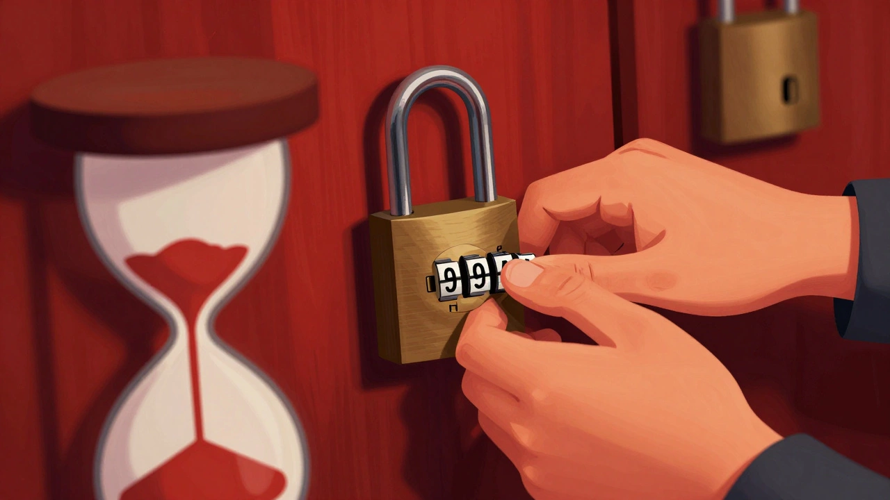 Close up of hands turning lock dial under time pressure.