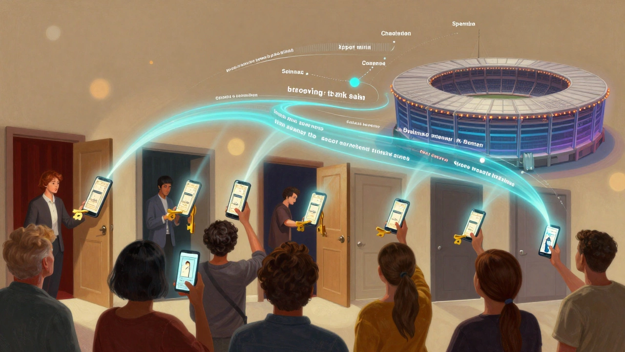 Conceptual art of fans using digital tickets to access various comedy venues.