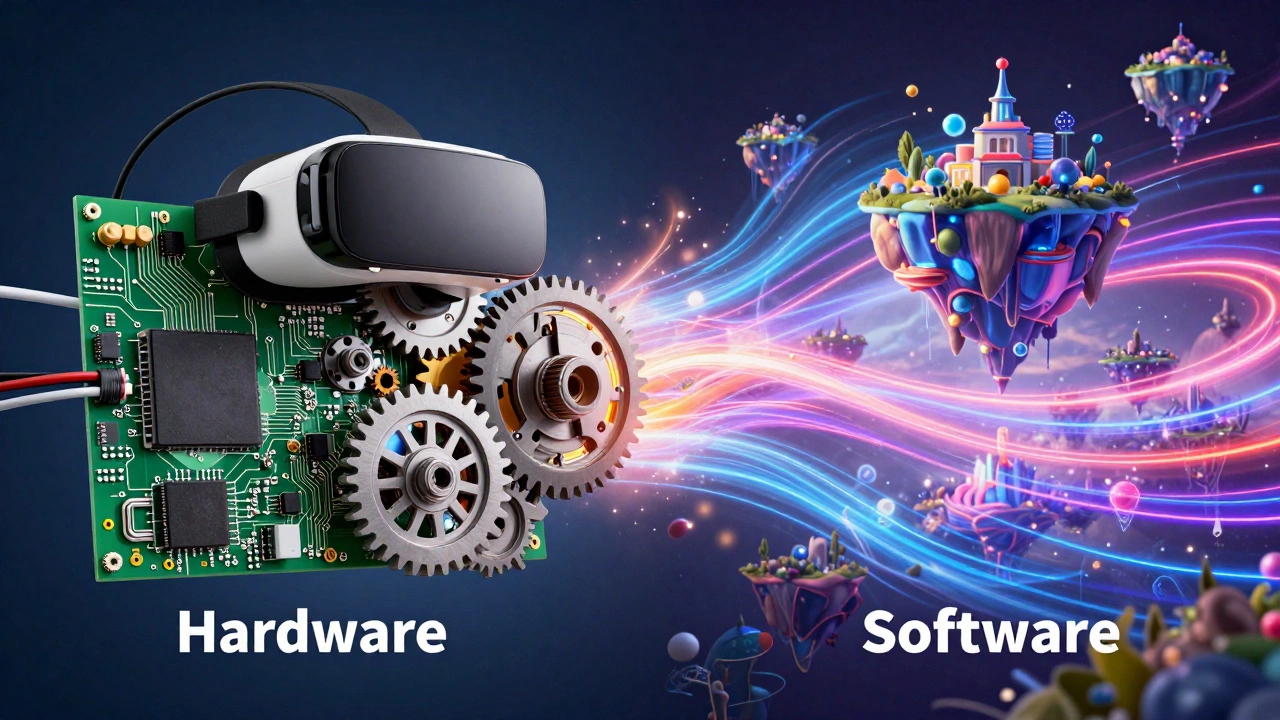 Conceptual art showing physical hardware transforming into vibrant digital software