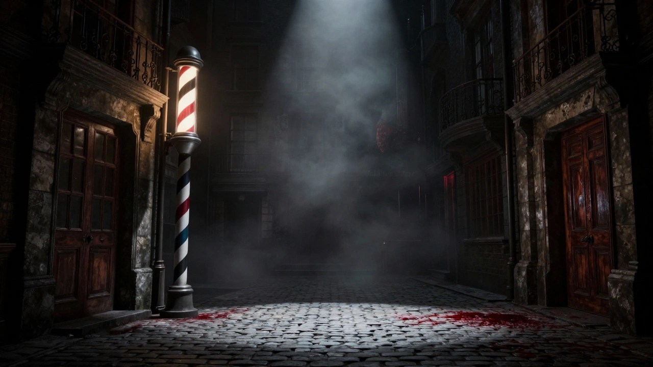 Dark, gritty stage set for Sweeney Todd with dramatic lighting and fog