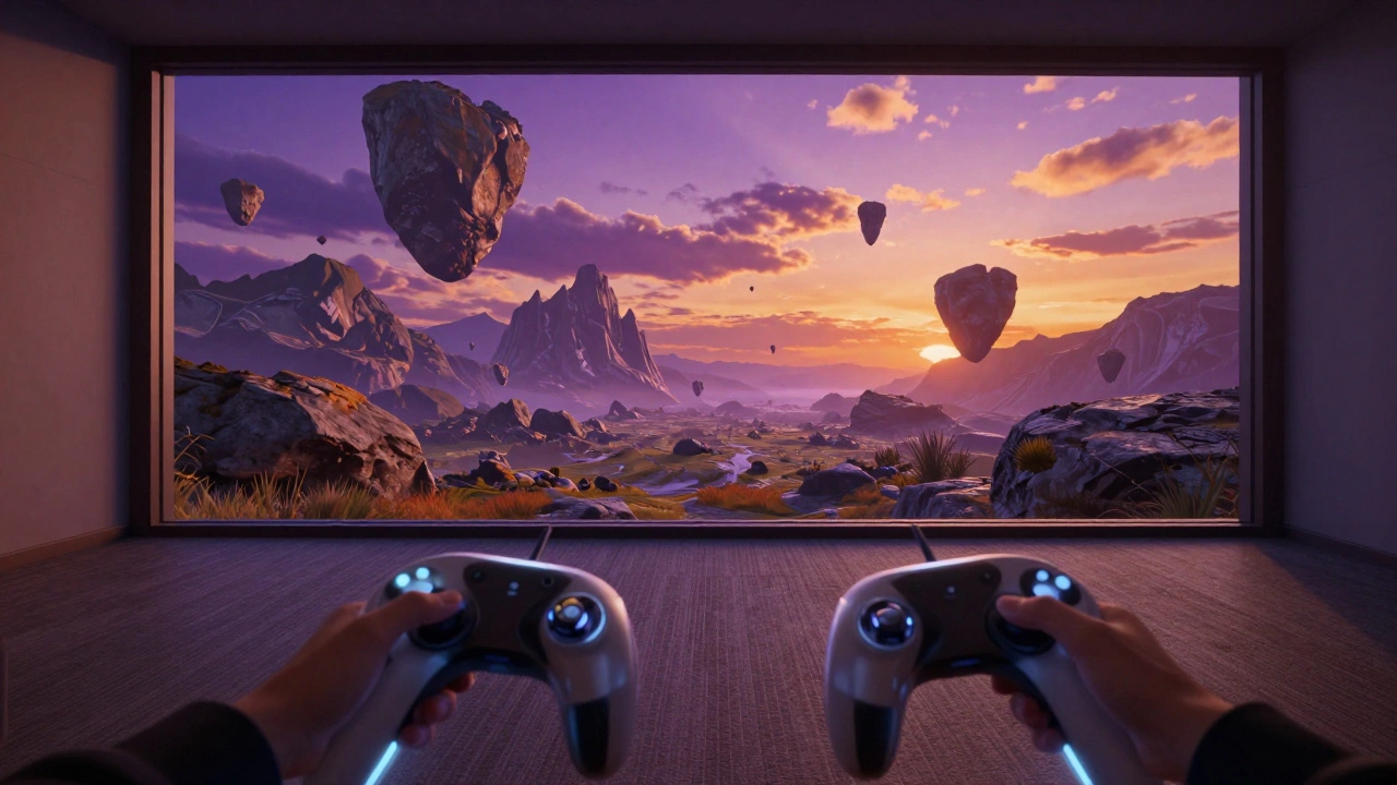 First-person view of VR user seeing virtual world through real room boundaries