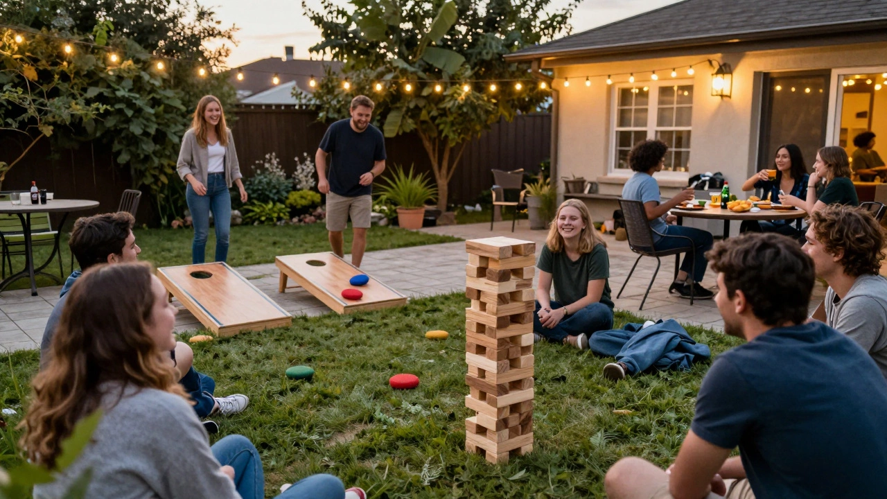 Friends enjoying giant Jenga and cornhole at a backyard party
