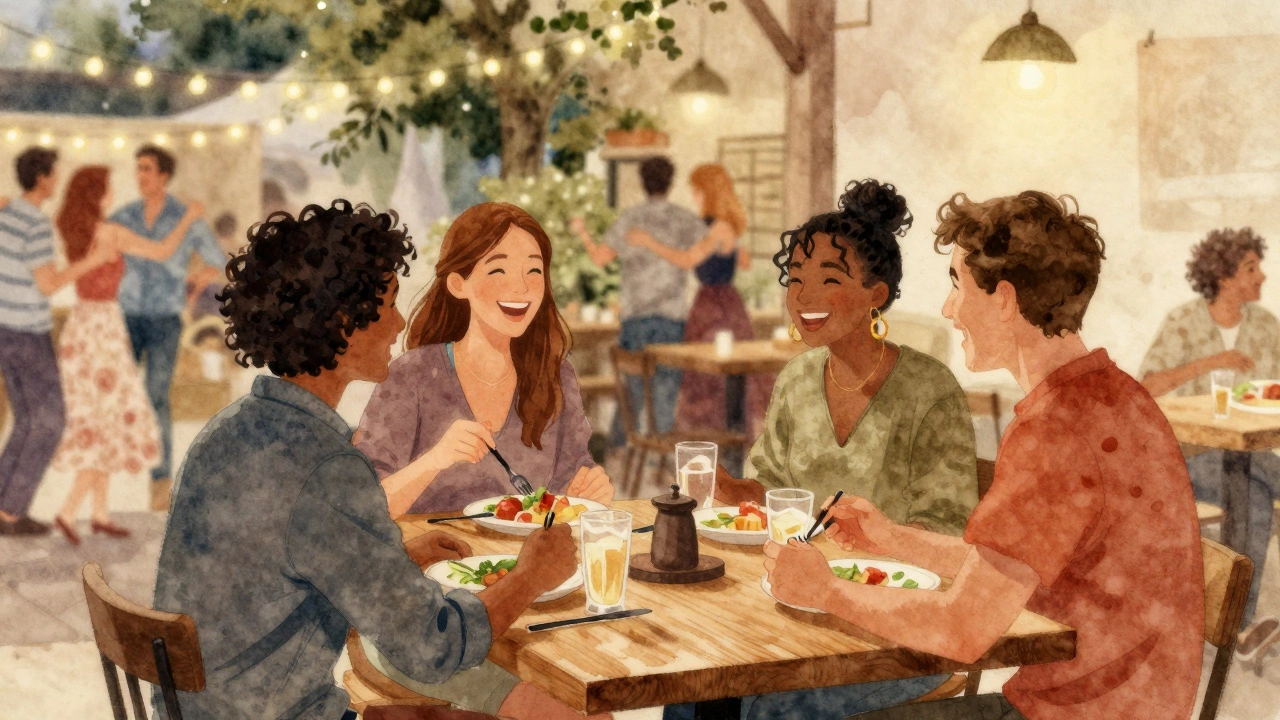 Friends laughing together at a cafe and dancing at a festival