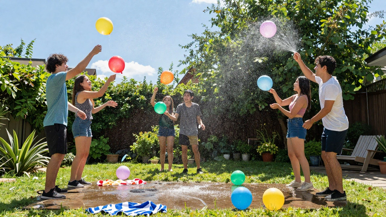 Friends tossing water balloons in a garden