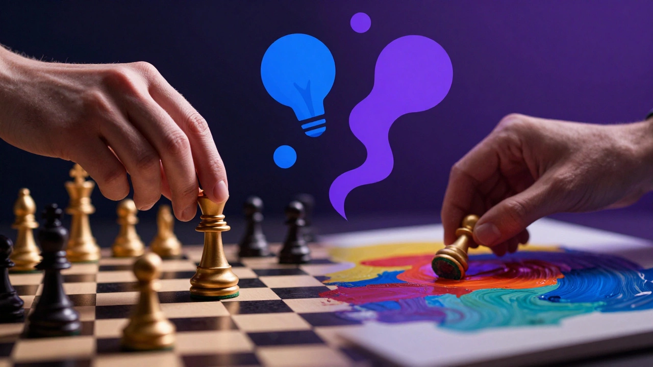 Hands playing chess and painting, symbolizing mental activity