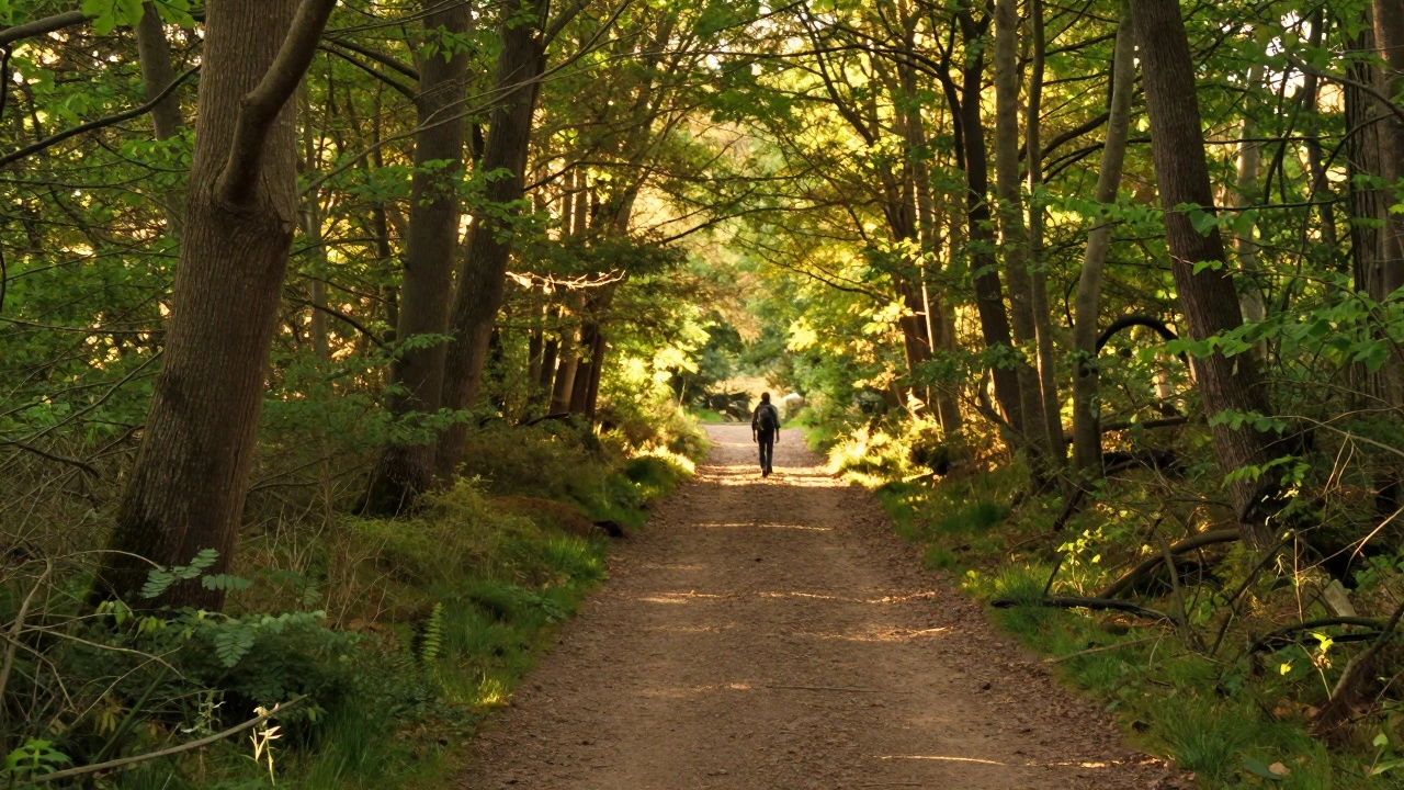 Hiker walking on a sunny forest trail, respecting nature.