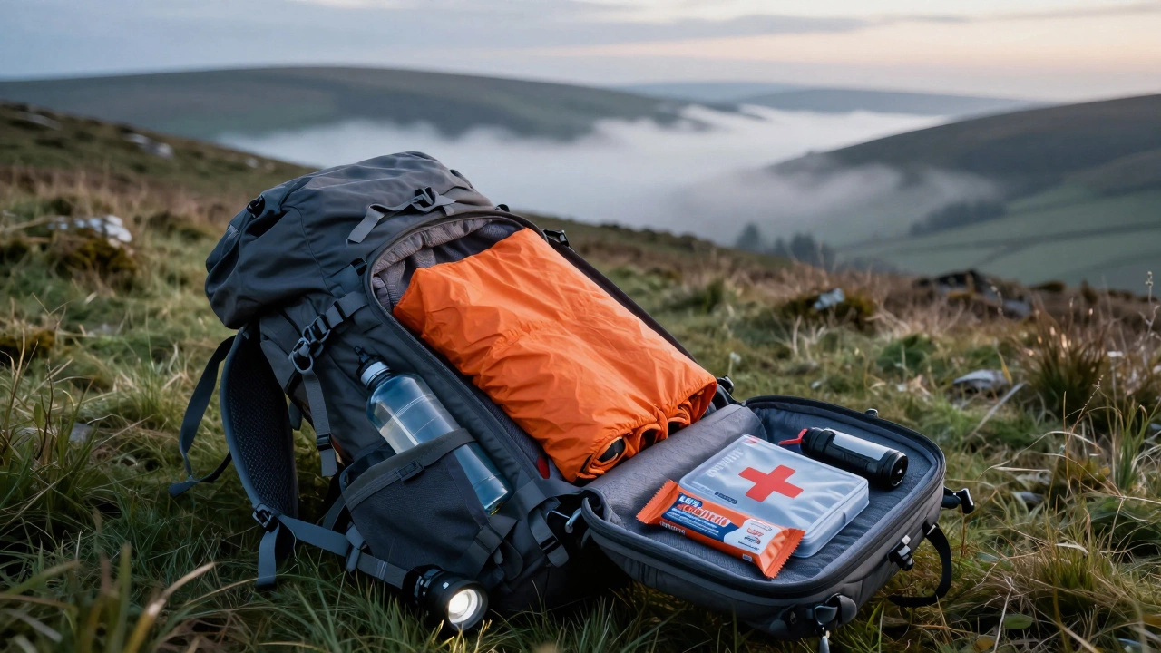 Packed hiking bag with essentials like water filter and first aid kit.