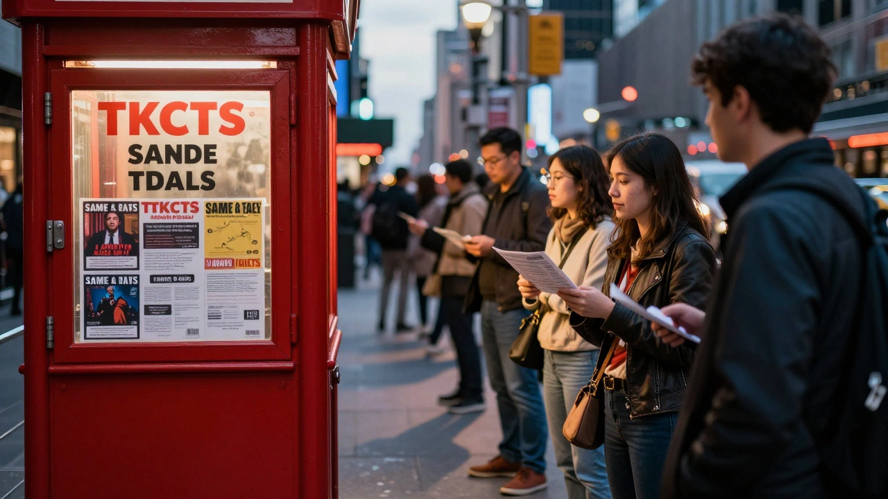 People waiting in line at the red TKTS booth in Times Square at dusk