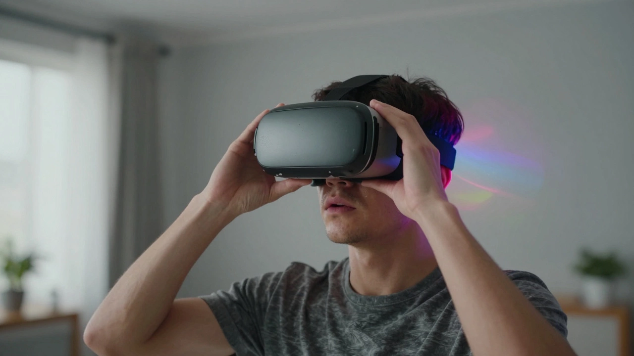 Person looking detached after removing VR headset, surrounded by fading virtual imagery