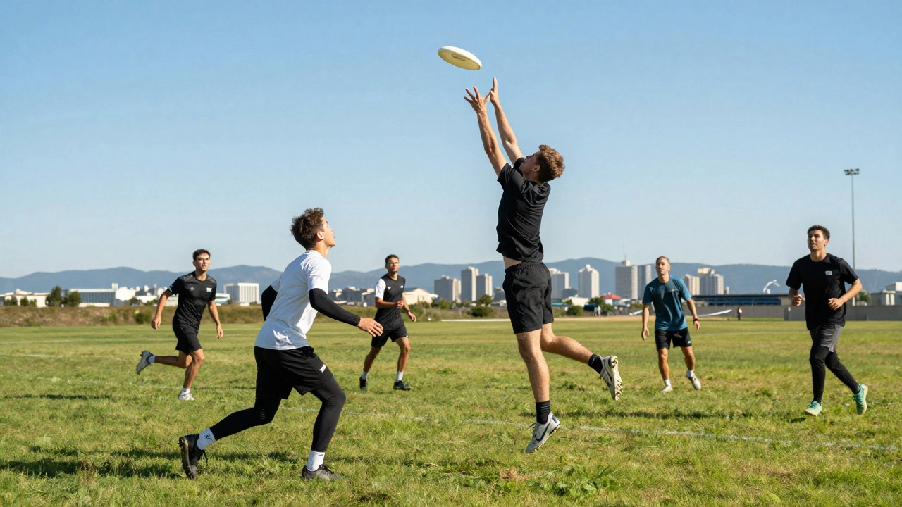 Players competing in an Ultimate Frisbee match on a grassy field