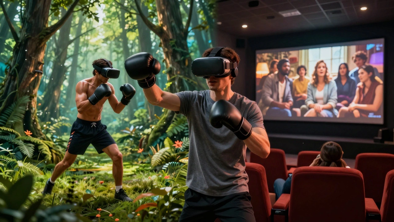 Split view showing VR used for fitness boxing and social cinema