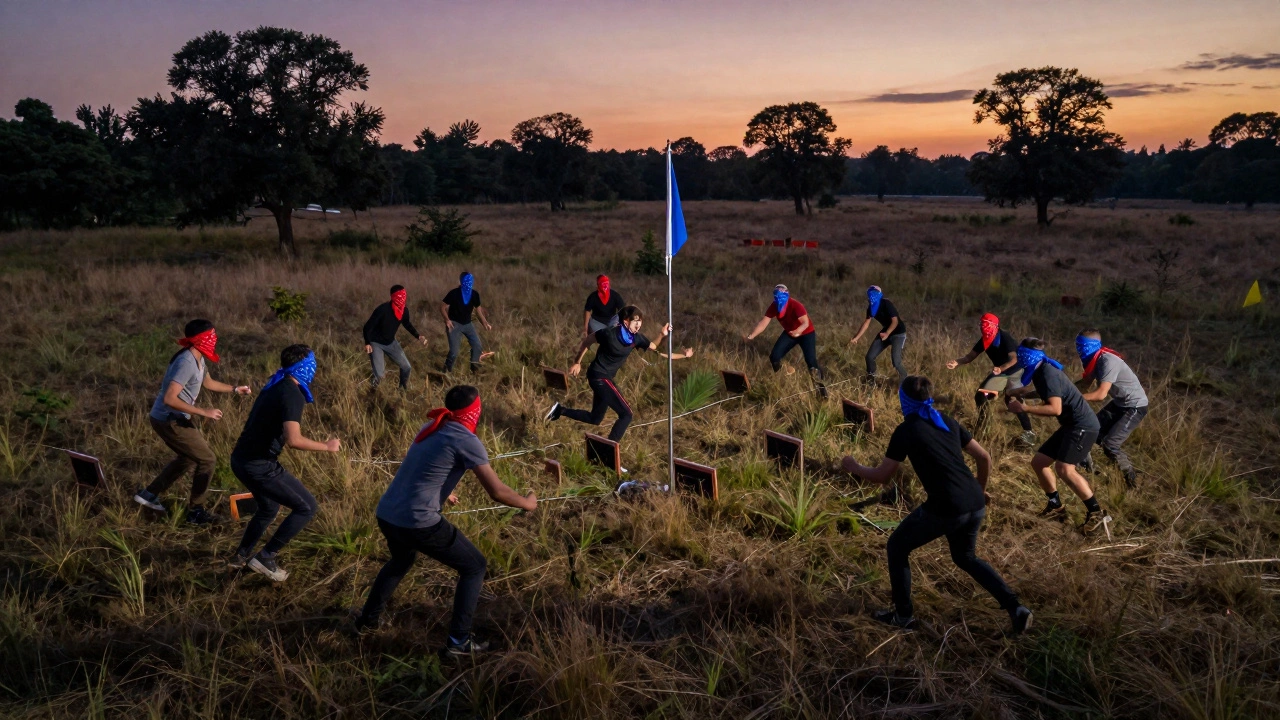 Teams playing capture the flag at sunset