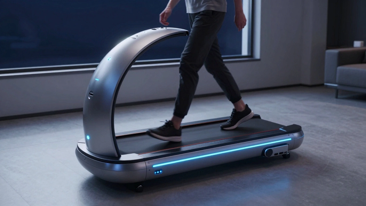 User standing on futuristic omnidirectional treadmill in dark room