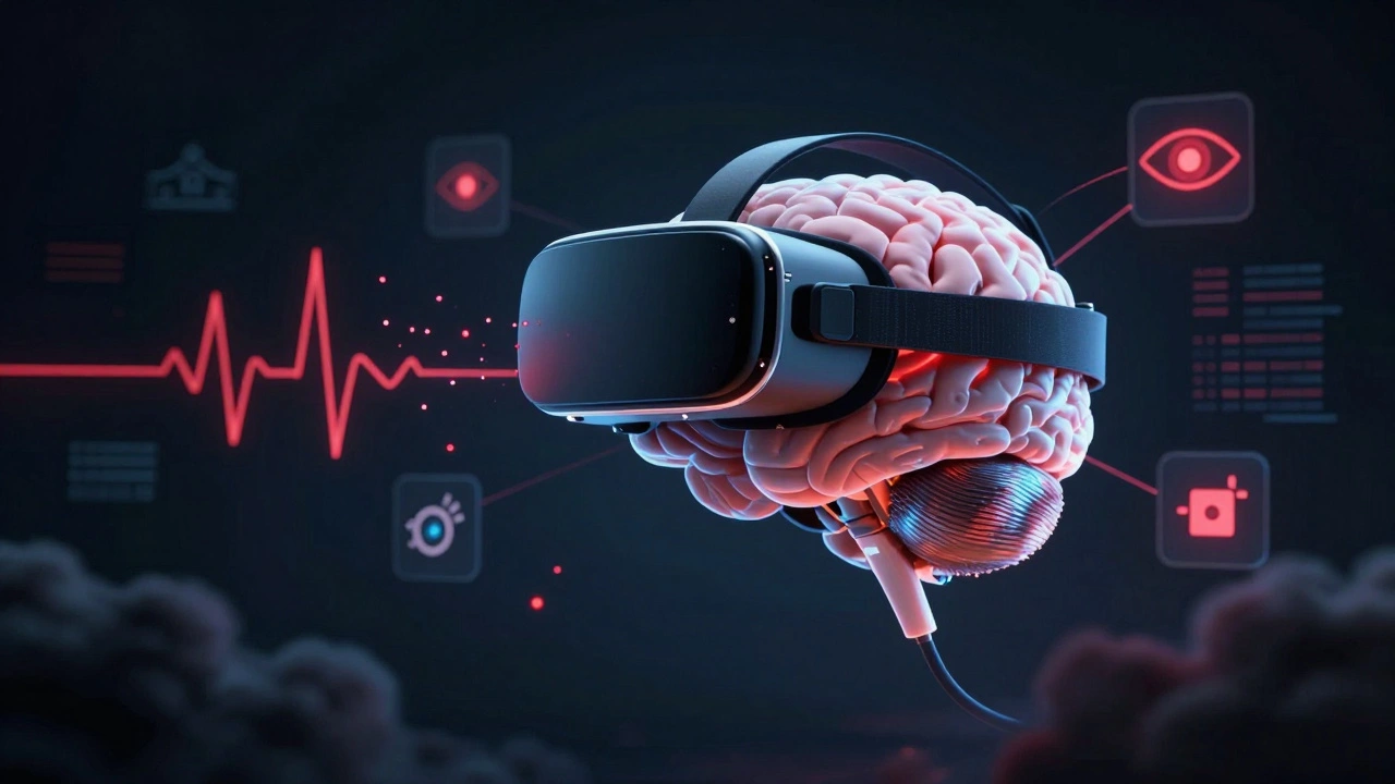 VR headset extracting biometric data from a brain, symbolizing privacy risks