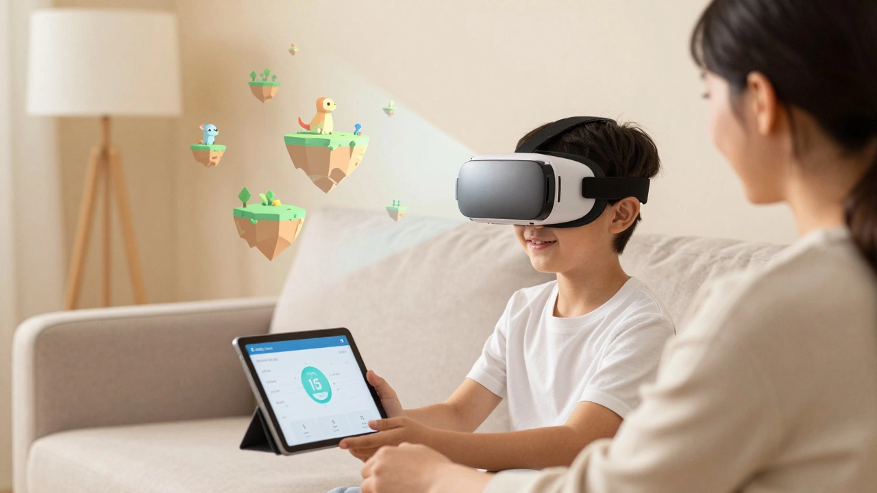 Child using supervised educational VR headset with parent nearby