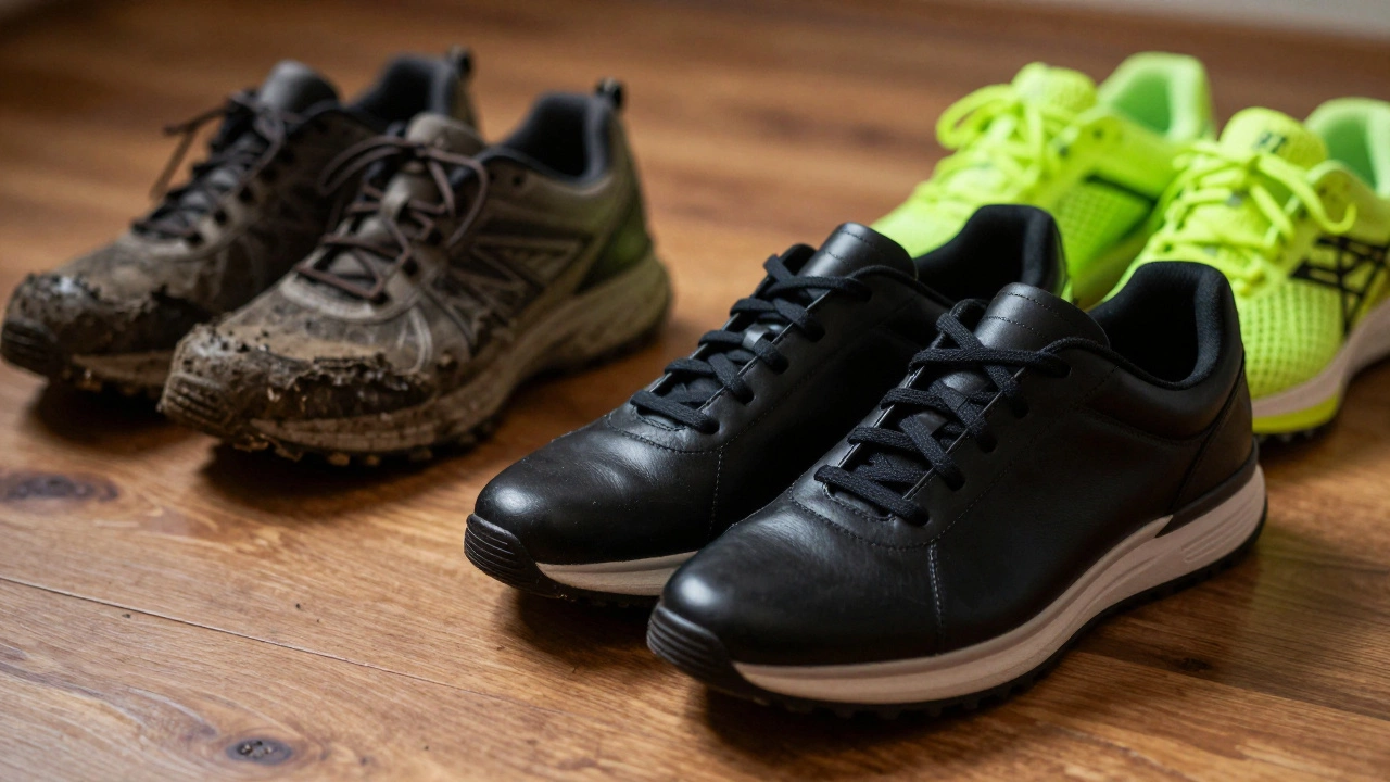 Clean leather sneakers contrasted with dirty gym shoes on wood floor
