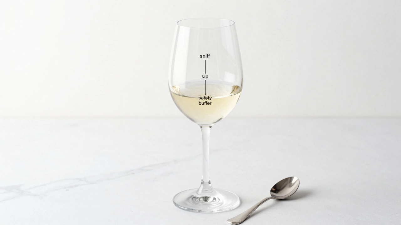 Close-up of a wine glass filled one-third full to show standard tasting portion