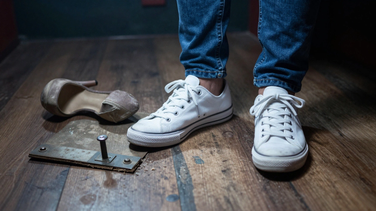 Close-up of sturdy sneakers near puzzle props, avoiding heels