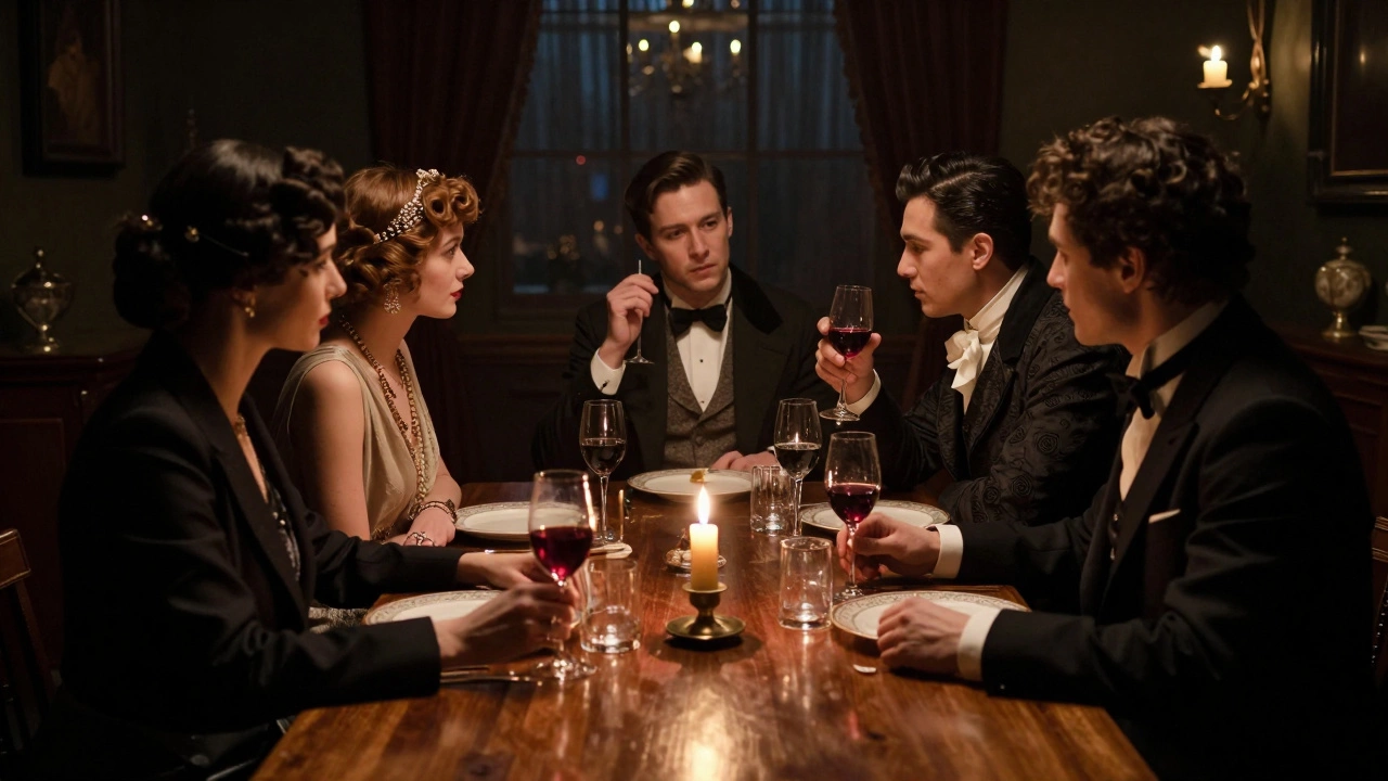 Costumed guests whispering secrets at a candlelit dinner table during a murder mystery party.
