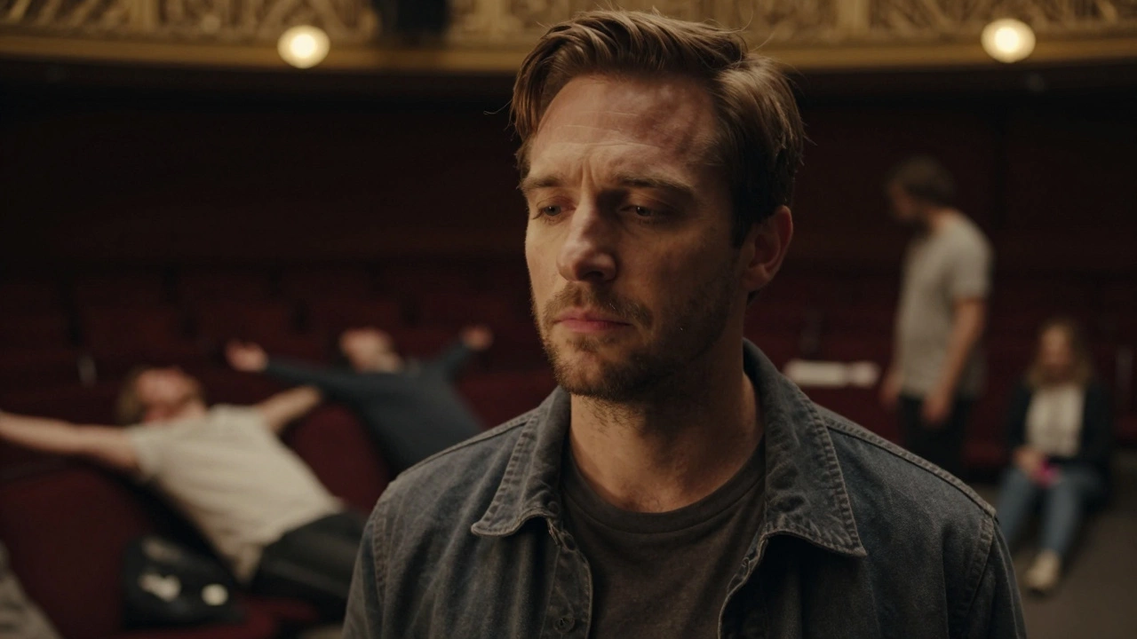 Exhausted Broadway actor resting backstage during a scheduled break