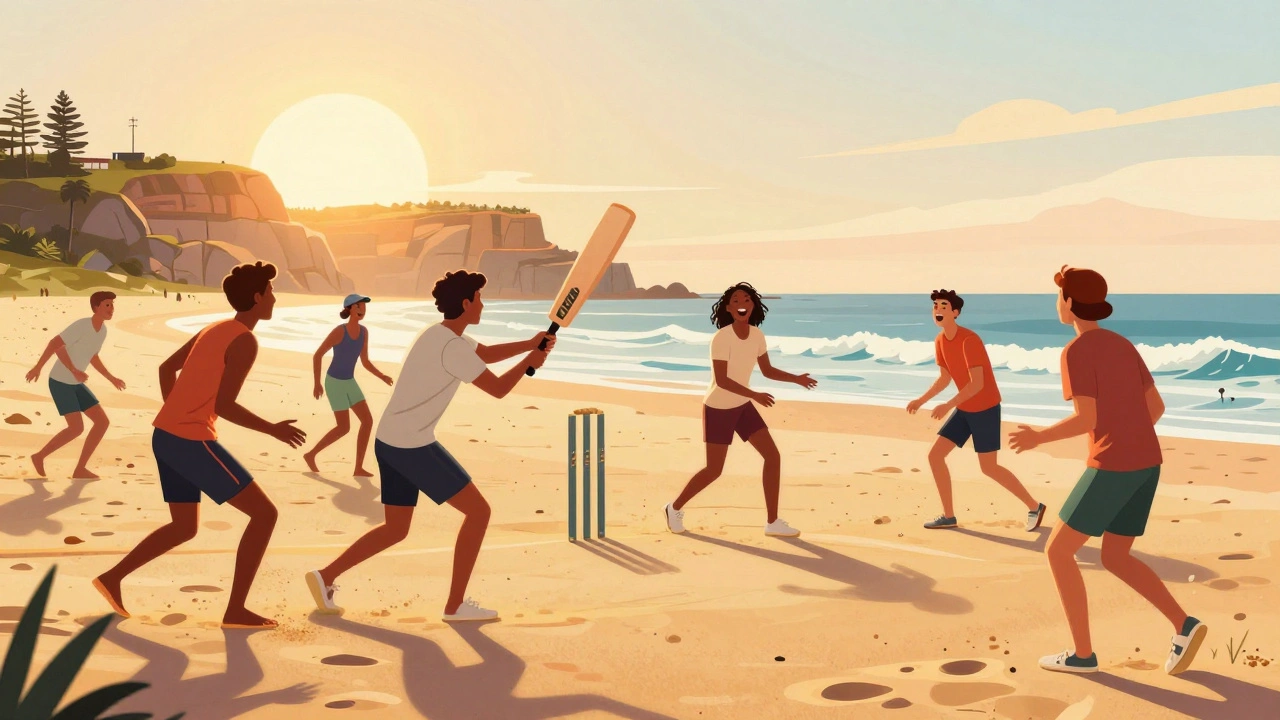 Friends playing beach cricket at sunset in Bondi