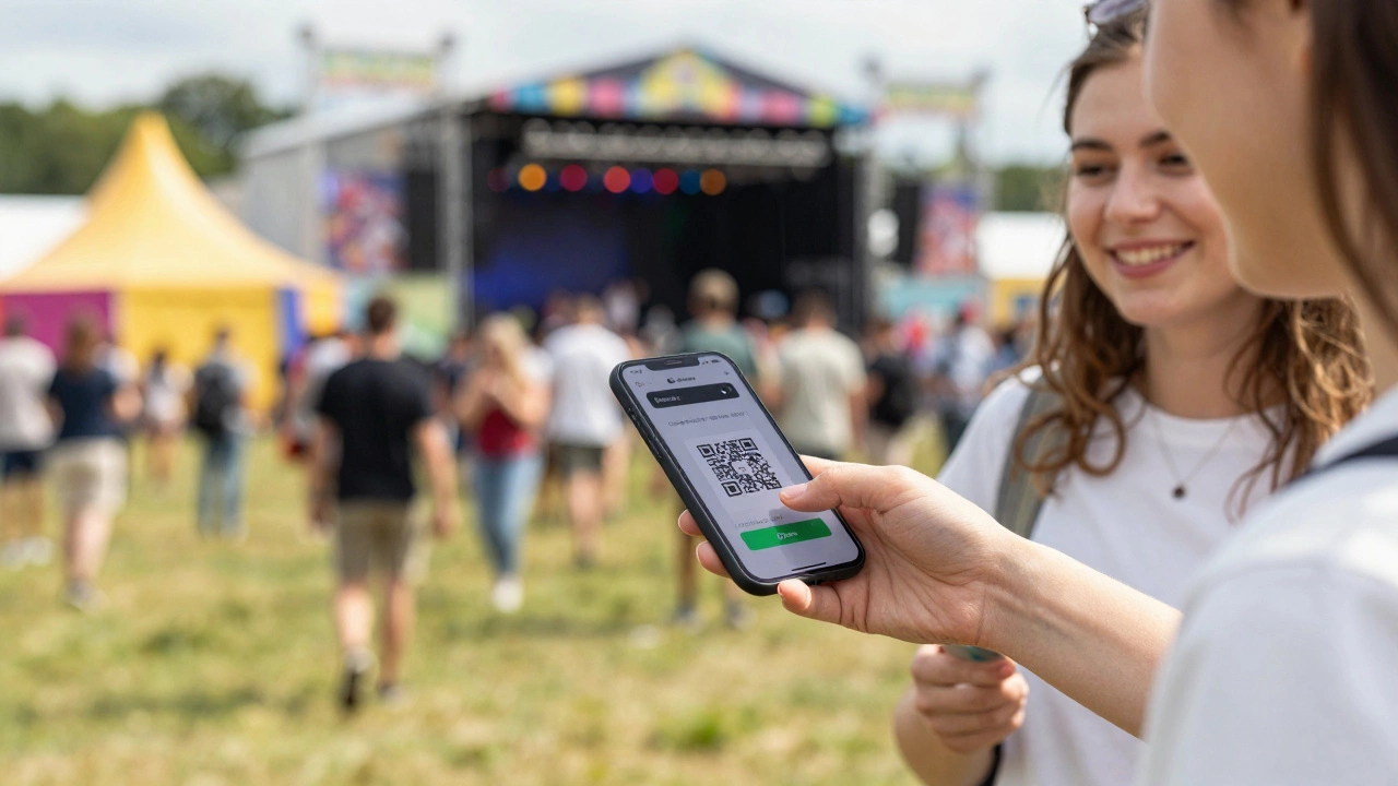 Friends sharing digital festival tickets via smartphone wallet