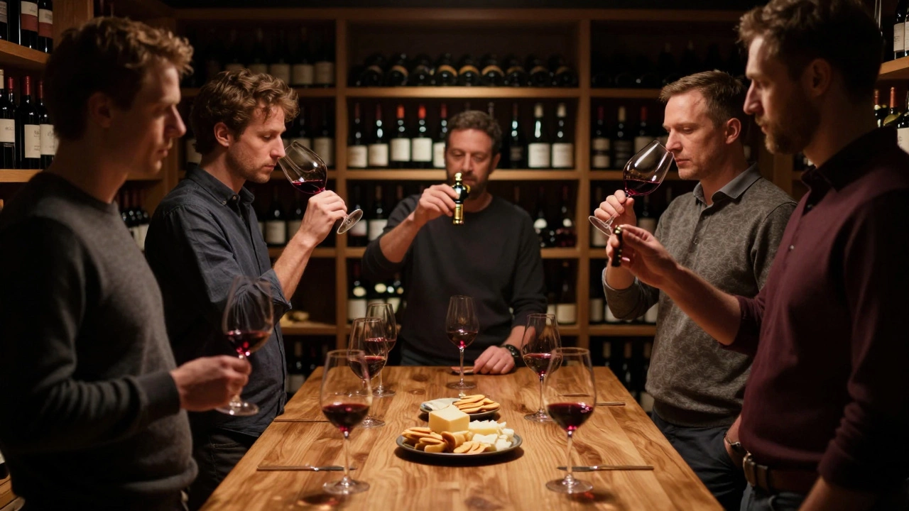 Group evaluating wine in a cellar with spittoons and cheese pairings