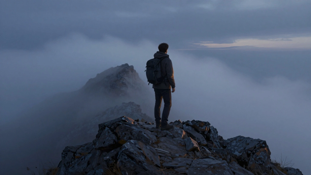 Lone hiker turning back on a foggy mountain ridge at dusk