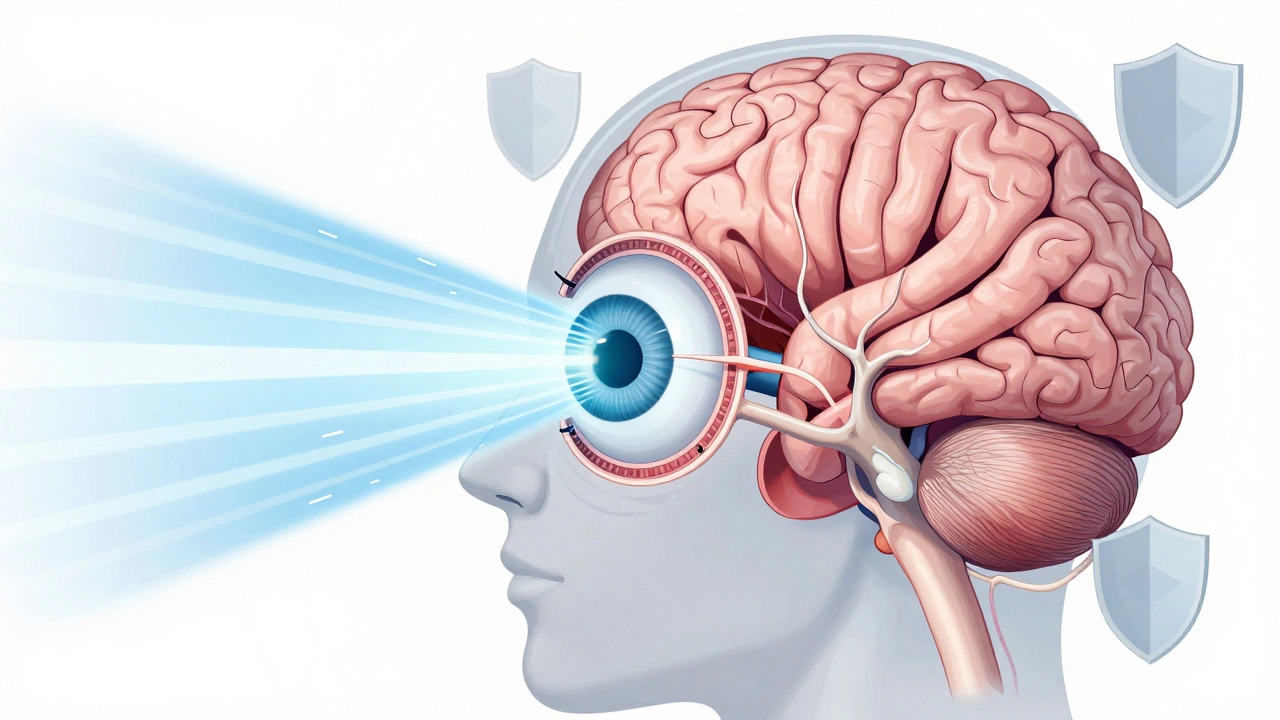 Medical diagram illustrating eye strain and data privacy in VR