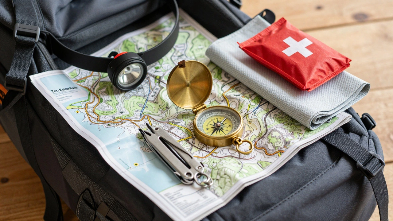 Outdoor safety essentials like map, compass, and first aid kit