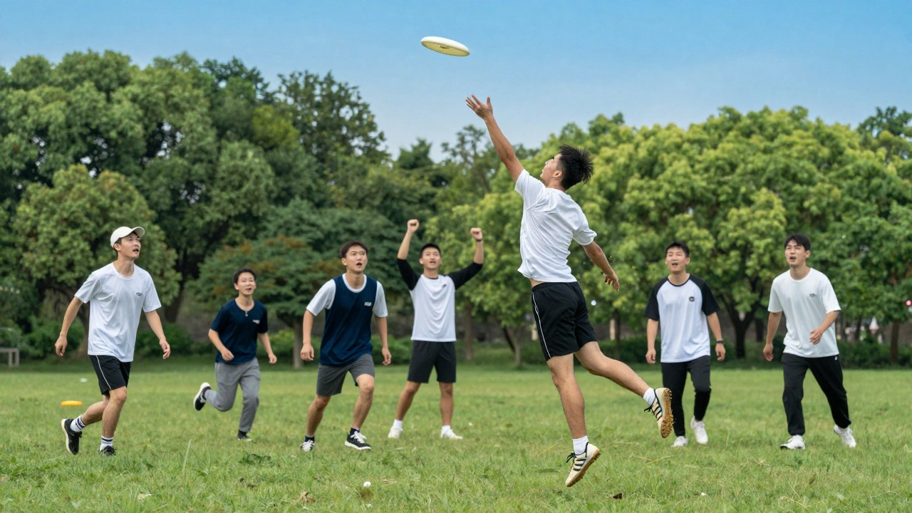 Players competing energetically in a game of Ultimate Frisbee on a sunny grassy field.