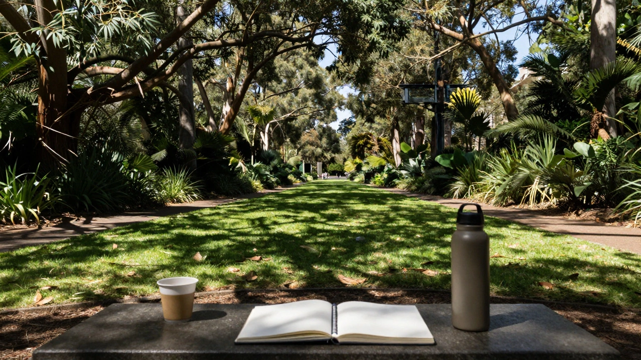Shaded path in Royal Botanic Garden with notebook