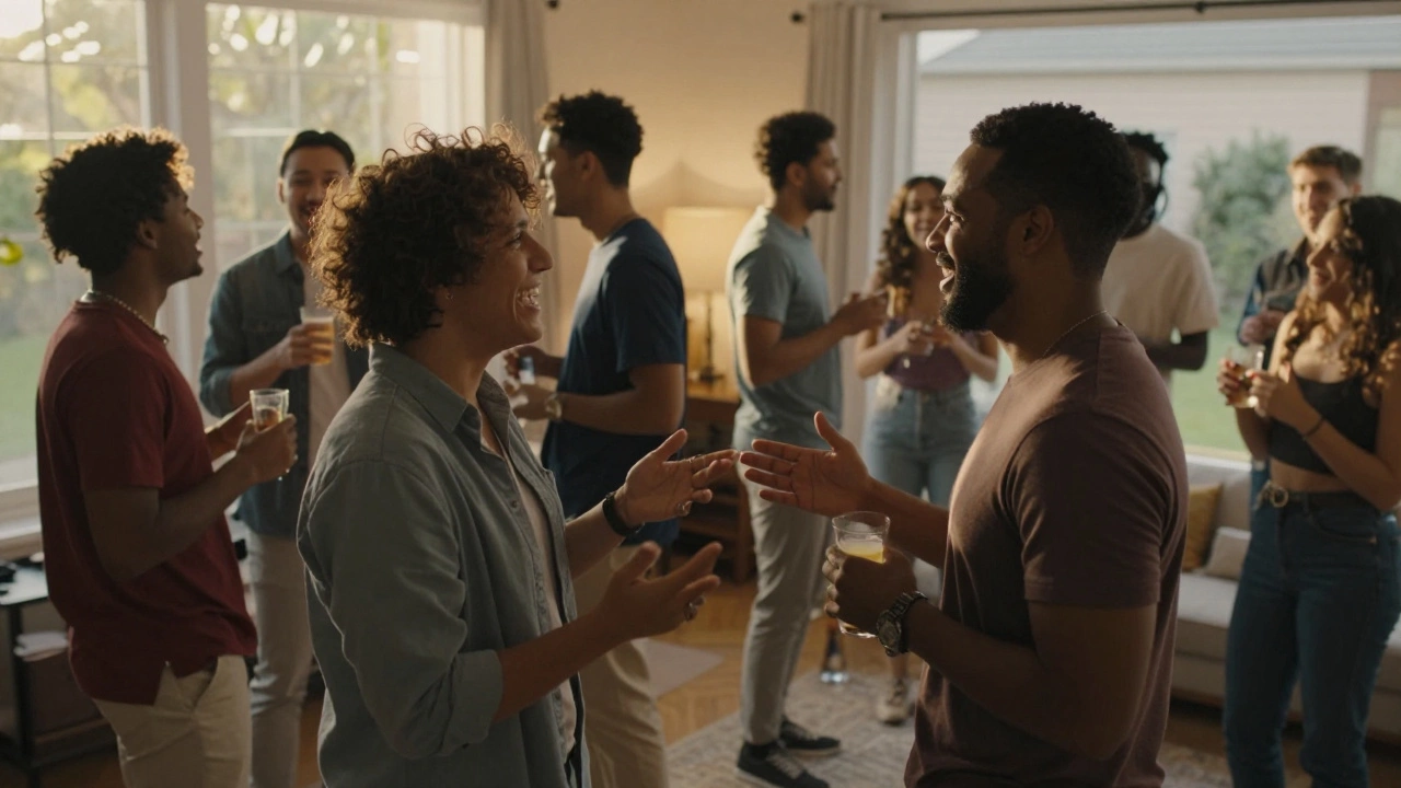 Small groups chatting and laughing during the peak of a lively house party