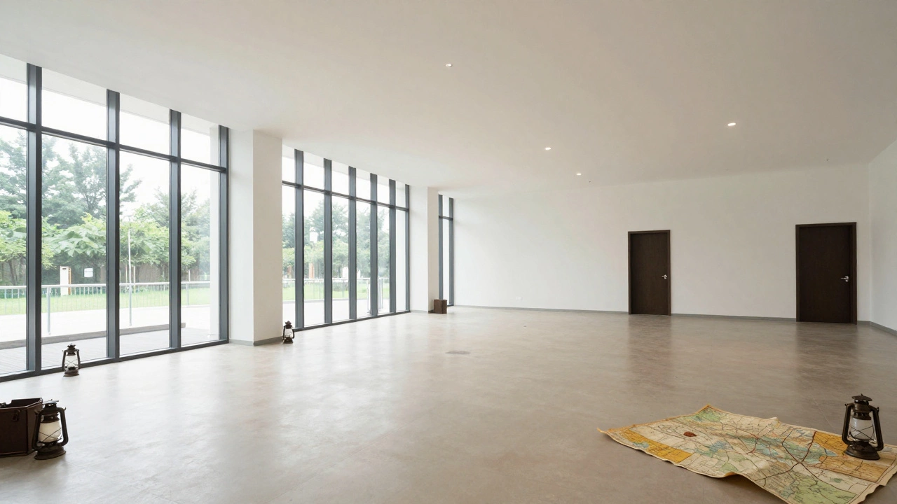 Spacious, bright open-concept escape room with high ceilings