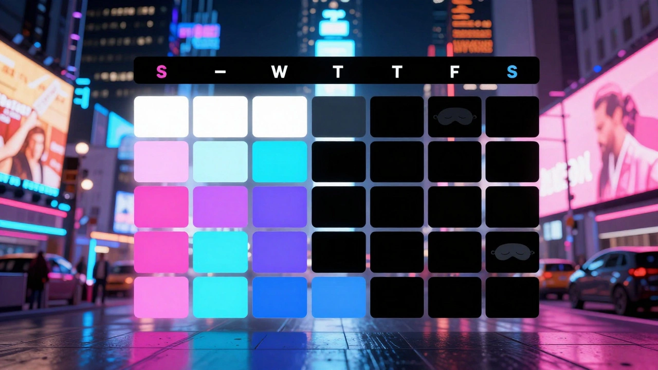 Stylized calendar showing dark days amidst glowing performance nights